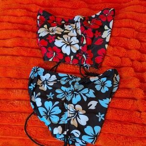 Floral Two-Piece Swim Set - Black with Red & Blue Hibiscus